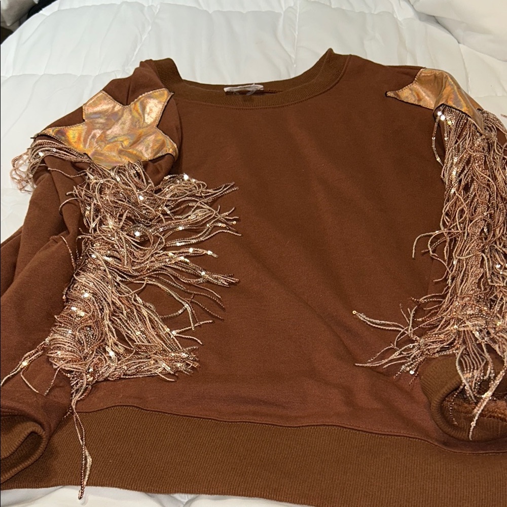 New Listing! Fantastic Fawn Brown Sweatshirt with Gold Fringe